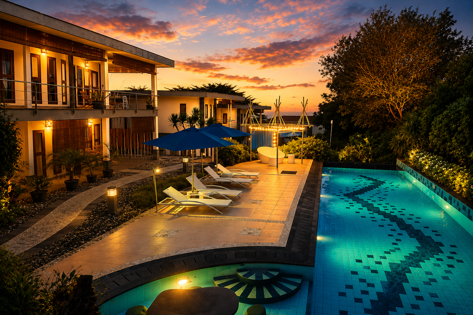Luz_ita Sunshine Villa pool at sunset overlooking Uluwatu